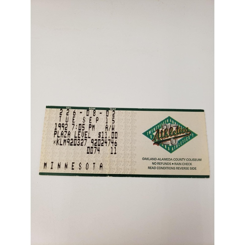 1992 A's Ticket Stub 9/15‎ Dennis Eckersley SV #235 Rickey Henderson HR #198